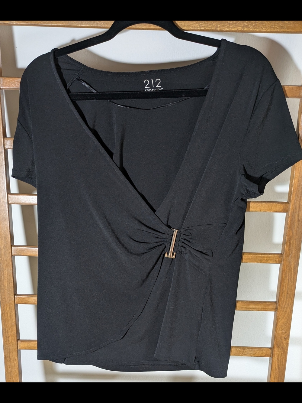 212 Collection Black Short Sleeve Faux-Wrap Top with Metal Accent